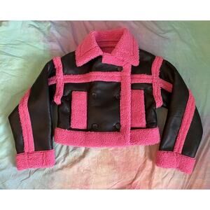 Kate Hewko Faux Leather Black Aviator Shearling Hot Pink Fur Crop Jacket Sz S